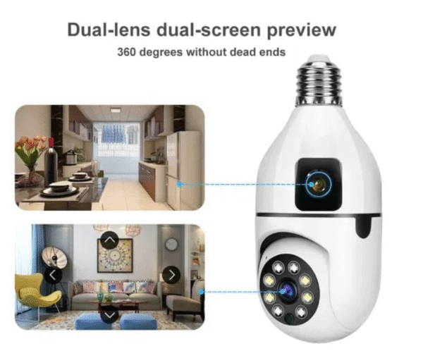 Dual-Lens Smart Bulb Security Camera – WiFi, Night Vision, Discreet Home Surveillance