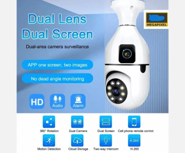 Dual-Lens Smart Bulb Security Camera – WiFi, Night Vision, Discreet Home Surveillance