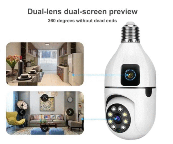 Dual-Lens Smart Bulb Security Camera – WiFi, Night Vision, Discreet Home Surveillance